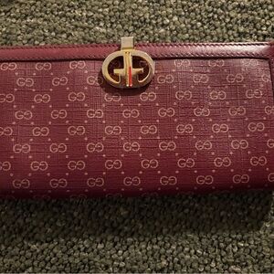 Gucci Burgundy GG Monogram Continental Wallet with Gold Hardware
